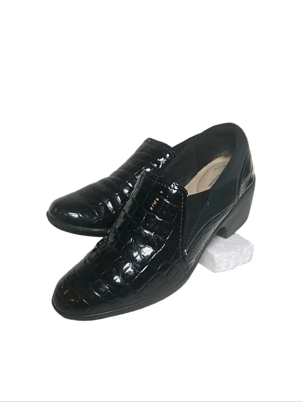 Clarks Women Size 8 M Black Croc Patent Leather Wedge SlipOn Loafer May Poppy[8A